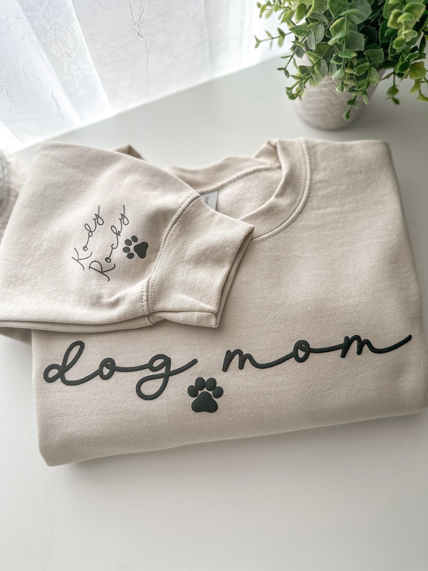 Dog Mom Sweatshirt with Pets name on Sleeve